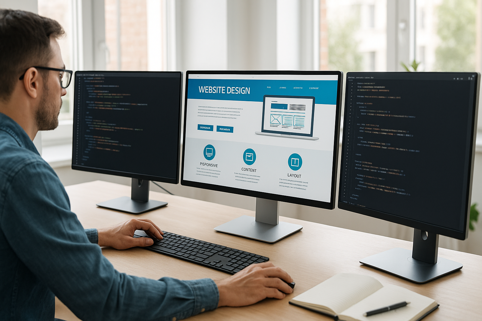 Professional web developer working on modern computer setup in bright office spa