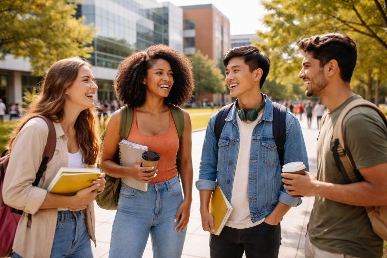 etudiants-campus-batiments-contemporains-arbres